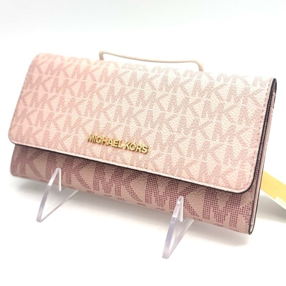 Michael Kors Jet Set Large Signature Logo TriFold Wallet Powder Blush Multi - Picture 1 of 9